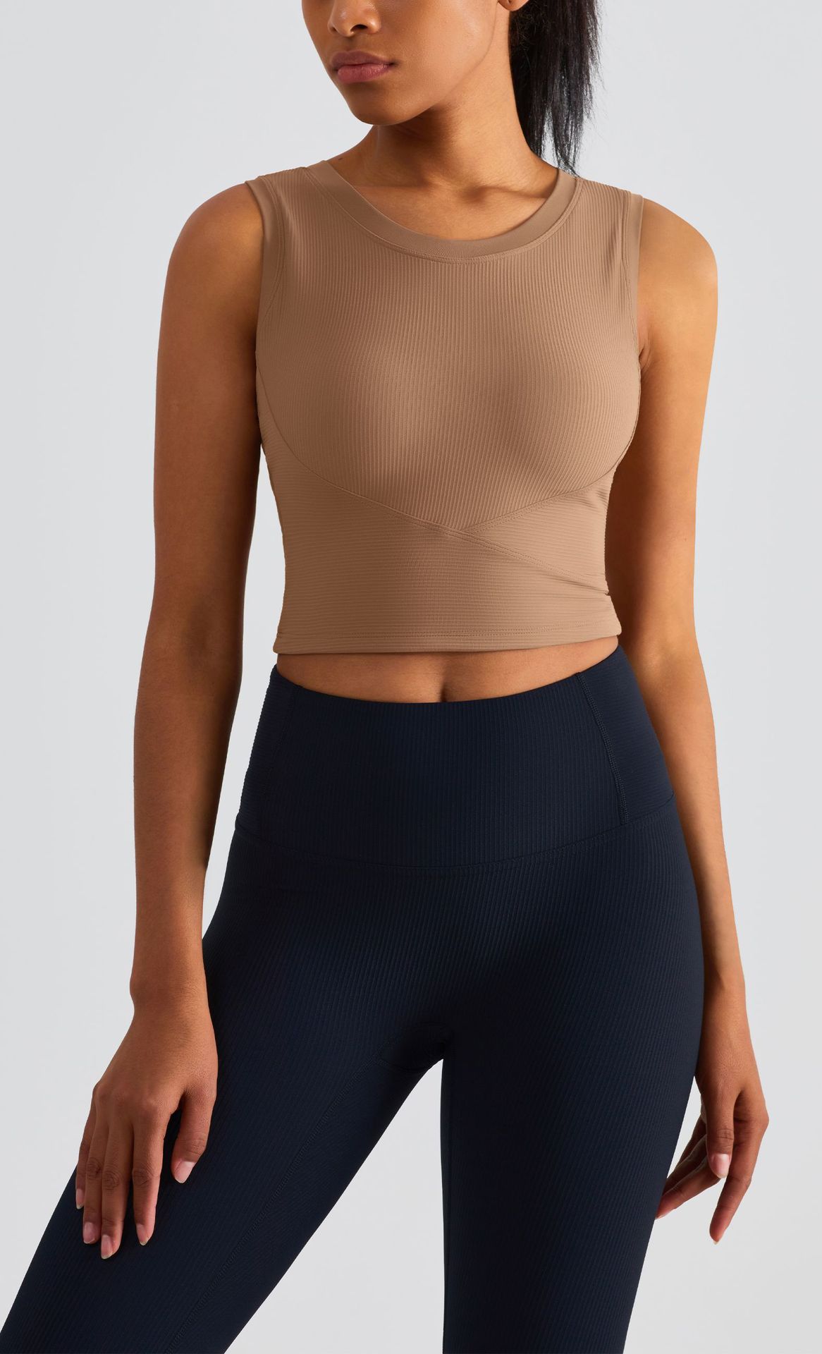 V888-ELOSUNG21047-226010-00 Size 6 Brown Fixed Cup Sports Bra with Cross-Back Design - Seamless Yoga Bra for Women - Image 1