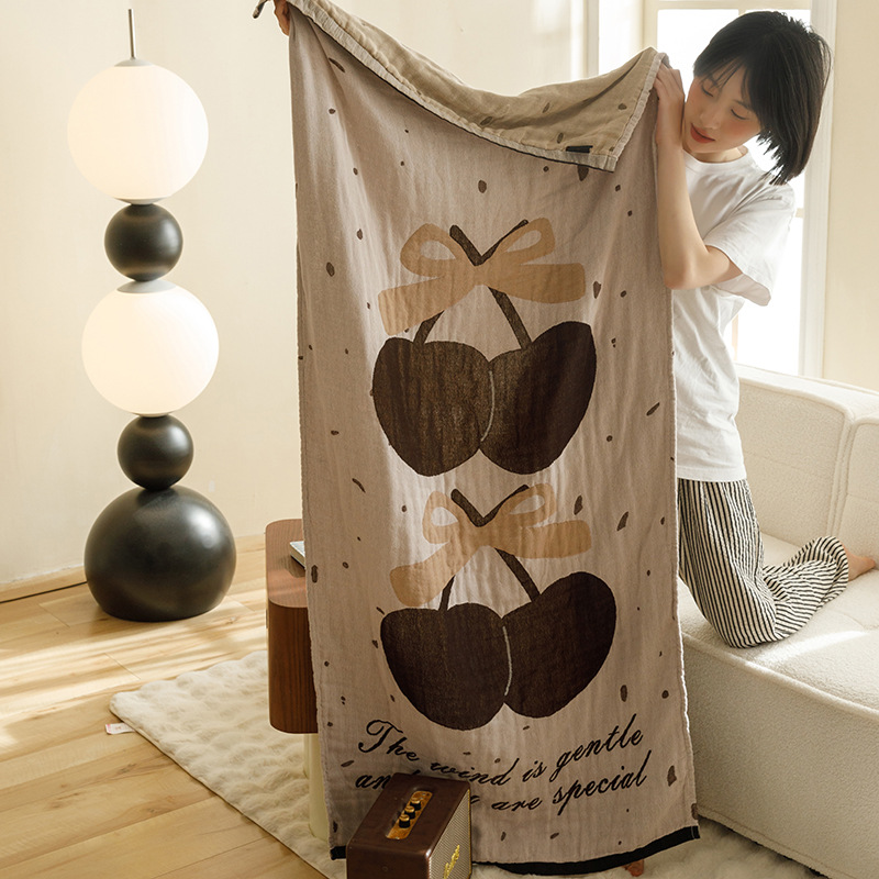 V888-ELOSUNG21134-226809-00 Brown Cherry Pattern Soft and Absorbent 4-Layer Cotton Bath Towel for Adults and Children | Cartoon Design | 80*160 cm | Perfect for Bathing and Lounging - Image 1
