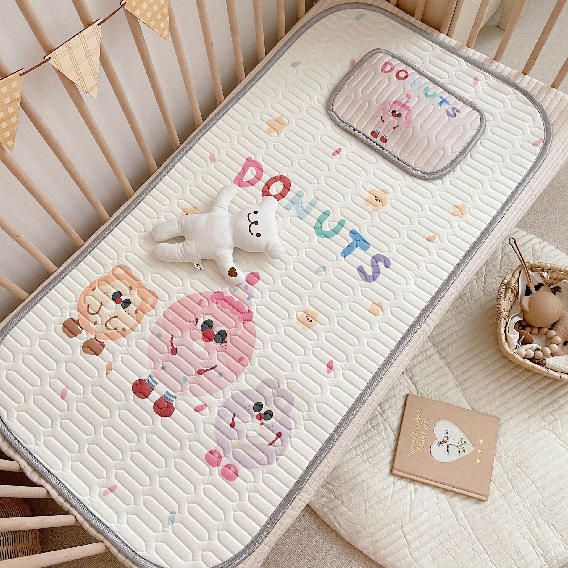 V888-ELOSUNG21139-226717-00 Donuts Pattern 2 Piece Set Kids Cooling Pad Set - 60x120cm Cartoon Latex Mattress Protector, Pillow - Image 1