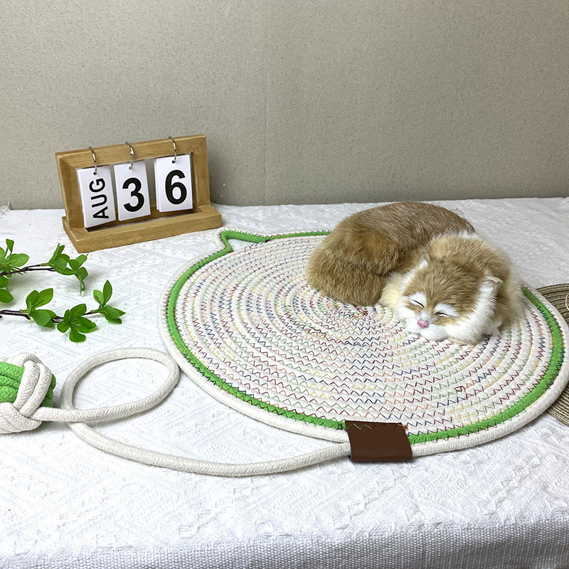 V888-ELOSUNG21204-227312-00 3 Pcs White And Green Durable Cat Scratching Mat with Attached Toy Ball - Washable and Multi-Functional, Ideal for Cats' Scratching and Sleeping - 50cm Diameter - Image 1