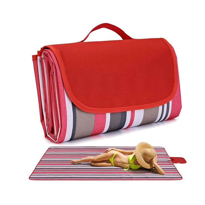 V888-ELOSUNG21268-202502241545-00 Red Stripes Stitching Premium Picnic Mat - Extra Thick & Waterproof Oxford Cloth Camping Blanket - 145x200cm - Image 1