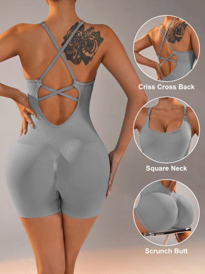 V888-ELOSUNG21294-202502241725-00 Size L Light Grey Nylon Seamless Yoga Bodysuit - Women's Athletic Romper, Crisscross Back, Workout Jumpsuit - Image 1