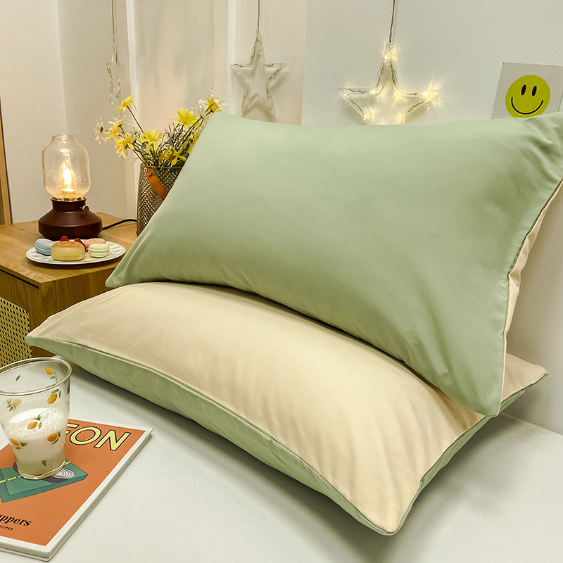 V888-ELOSUNG21478-202502281117-00 Green And Yellow Washed Cotton Pillowcase Set - Solid Color, Simple Two-Tone Design, 48x74cm (Pair) - Image 1