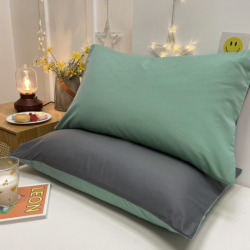 V888-ELOSUNG21481-202502281041-00 Green And Grey Washed Cotton Pillowcase Set - Solid Color, Simple Two-Tone Design, 48x74cm (Pair) - Image 1