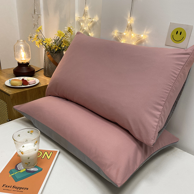V888-ELOSUNG21482-202502281041-00 Pink And Grey Washed Cotton Pillowcase Set - Solid Color, Simple Two-Tone Design, 48x74cm (Pair) - Image 1