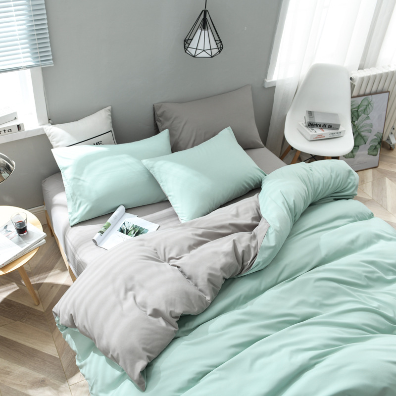 V888-ELOSUNG21512-202503031010-00 Mint Green And Grey Stitching Ultra-Soft Solid Color 4-Piece Bedding Set - Queen Size(Suitable for 2m bed) - Image 1