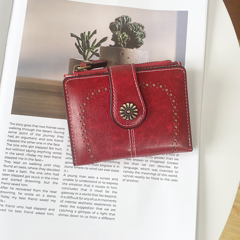 V888-ELOSUNG21556-202503041645-00 Red Vintage PU Leather Women's Short Wallet - Elegant Zipper Coin Pocket Multi-Function Card Holder - Image 1