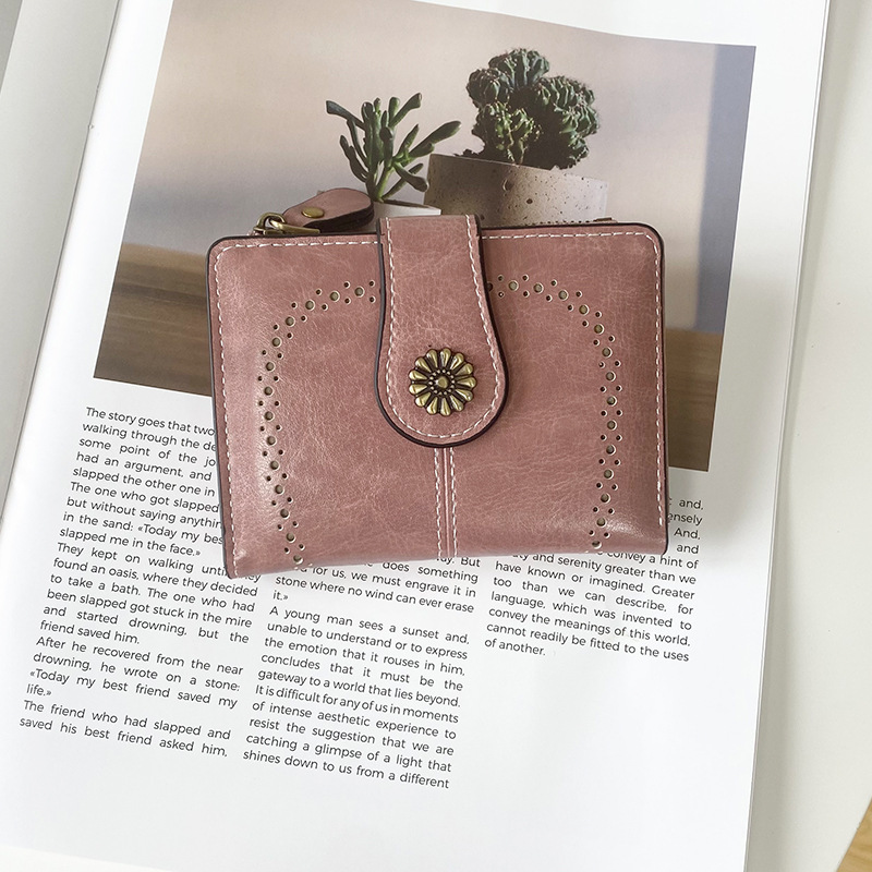 V888-ELOSUNG21562-202503051016-00 Pink Vintage PU Leather Women's Short Wallet - Elegant Zipper Coin Pocket Multi-Function Card Holder - Image 1