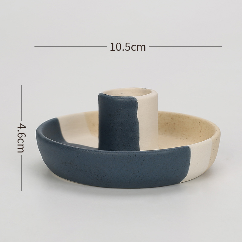 V888-ELOSUNG21573-202503051025-00 2 Pcs Blue, White And Yellow Stitching Oval Bottom Nordic Ceramic Candle Holder with Jewelry Dish - Elegant Minimalist Home Decor Piece - Image 1