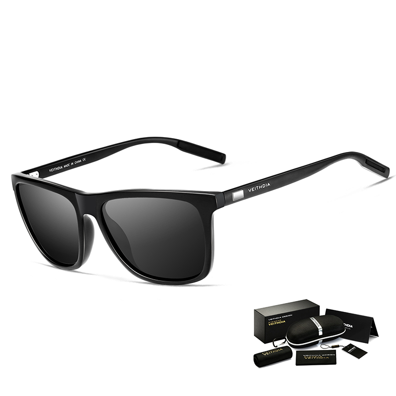 V888-ELOSUNG21615-202503071446-00 Black Frame + Black Temples + Gray Lenses Unisex Aluminum-Magnesium Square Polarized Sunglasses - Stylish UV-Protective Driving Glasses with Case - Image 1