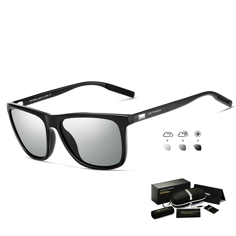 V888-ELOSUNG21616-202503071450-00 Black Frame + Black Temples + Photochromic Gray Lenses Unisex Aluminum-Magnesium Square Polarized Sunglasses - Stylish UV-Protective Driving Glasses with Case - Image 1