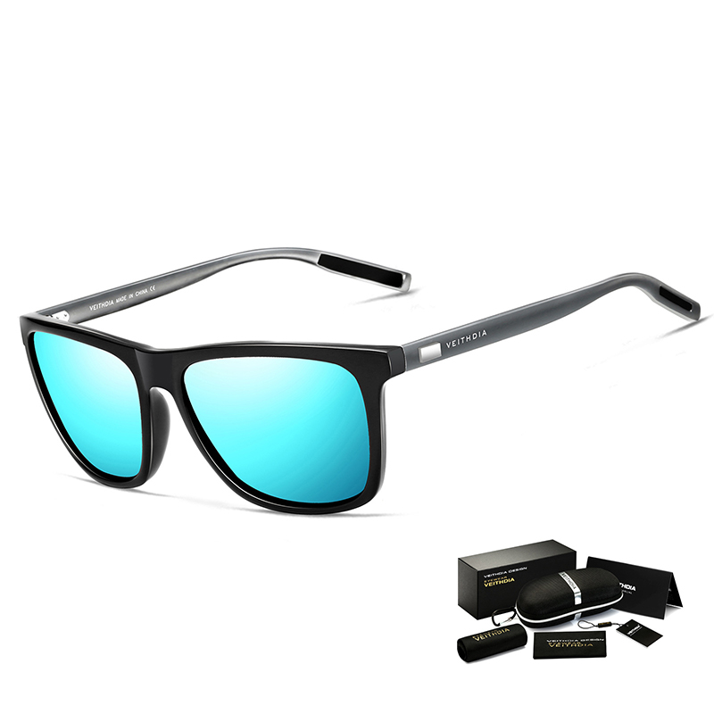 V888-ELOSUNG21618-202503071525-00 Black Frame + Dark Grey Temples + Blue Lenses Unisex Aluminum-Magnesium Square Polarized Sunglasses - Stylish UV-Protective Driving Glasses with Case - Image 1