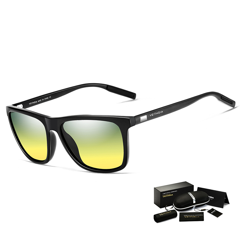 V888-ELOSUNG21619-202503071529-00 Black Frame + Black Temples + Yellow Lenses Unisex Aluminum-Magnesium Square Polarized Sunglasses - Stylish UV-Protective Driving Glasses with Case - Image 1