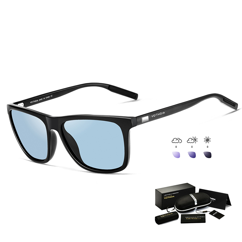 V888-ELOSUNG21623-202503071506-00 Black Frame + Black Temples + Photochromic Blue Lenses Unisex Aluminum-Magnesium Square Polarized Sunglasses - Stylish UV-Protective Driving Glasses with Case - Image 1
