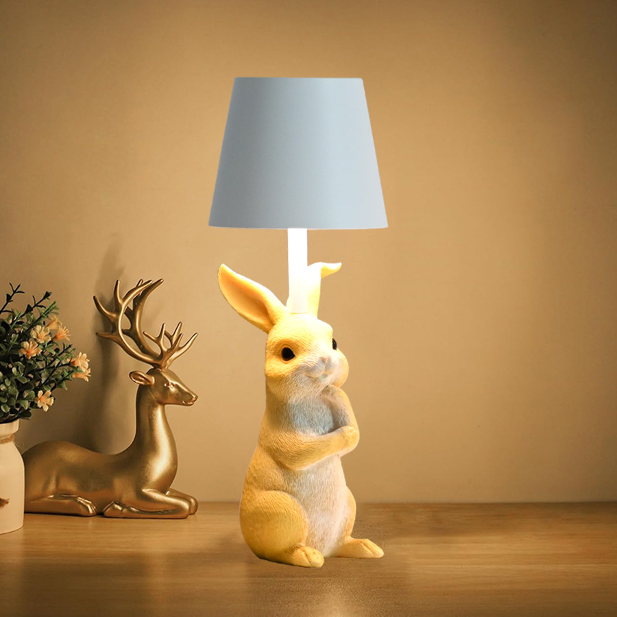 V888-ELOSUNG21687-202503111140-00 Yellow Bunny White Lampshade Adorable Rabbit Resin Table Lamp - 3-Color LED, USB Rechargeable, Touch Dimming - Image 1