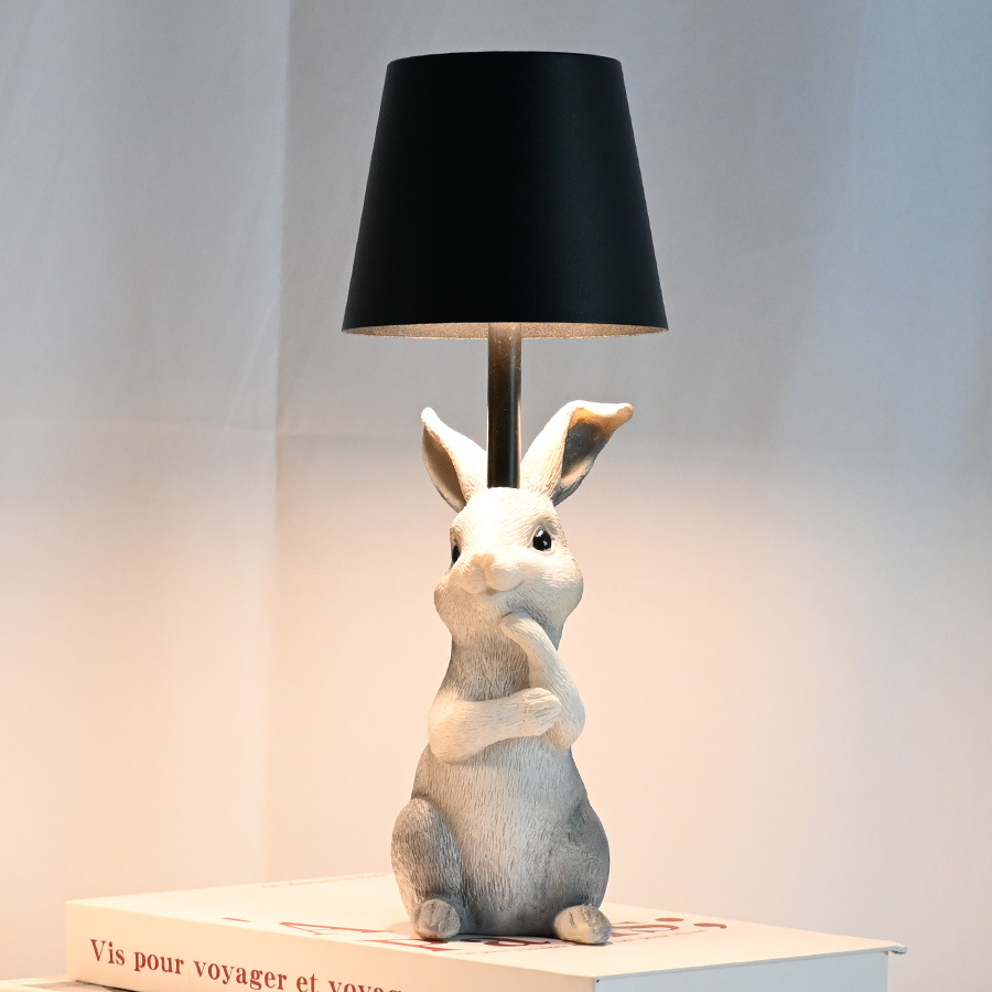 V888-ELOSUNG21688-202503111140-00 Grey Bunny Black Lampshade Adorable Rabbit Resin Table Lamp - 3-Color LED, USB Rechargeable, Touch Dimming - Image 1