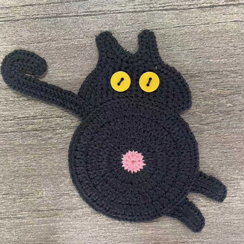 V888-ELOSUNG21698-202503111141-00 4 Pcs Black Cute Cat Butt Knitted Coaster - Lightweight Crochet Drink Mat, 15x10cm - Image 1
