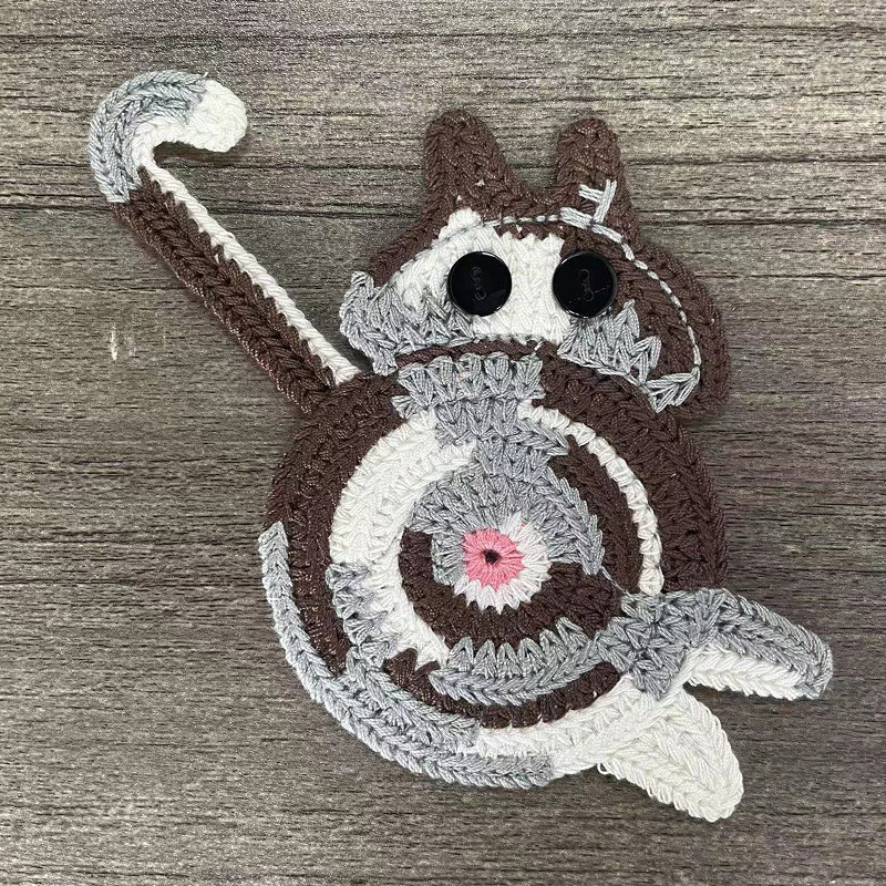 V888-ELOSUNG21702-202503111141-00 4 Pcs Grey,Brown And White Cute Cat Butt Knitted Coaster - Lightweight Crochet Drink Mat, 15x10cm - Image 1