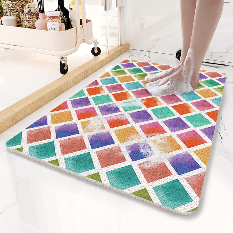V888-ELOSUNG21808-202503121432-00 Colorful Diamond Pattern PVC Non-Slip Bath Mat 50x80cm - Shower Drain Hole Design, Soft & Quick-Dry Bathroom Rug - Image 1