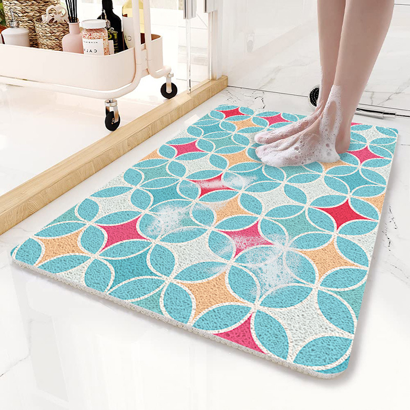 V888-ELOSUNG21813-202503121434-00 Blue Circular Pattern PVC Non-Slip Bath Mat 50x80cm - Shower Drain Hole Design, Soft & Quick-Dry Bathroom Rug - Image 1