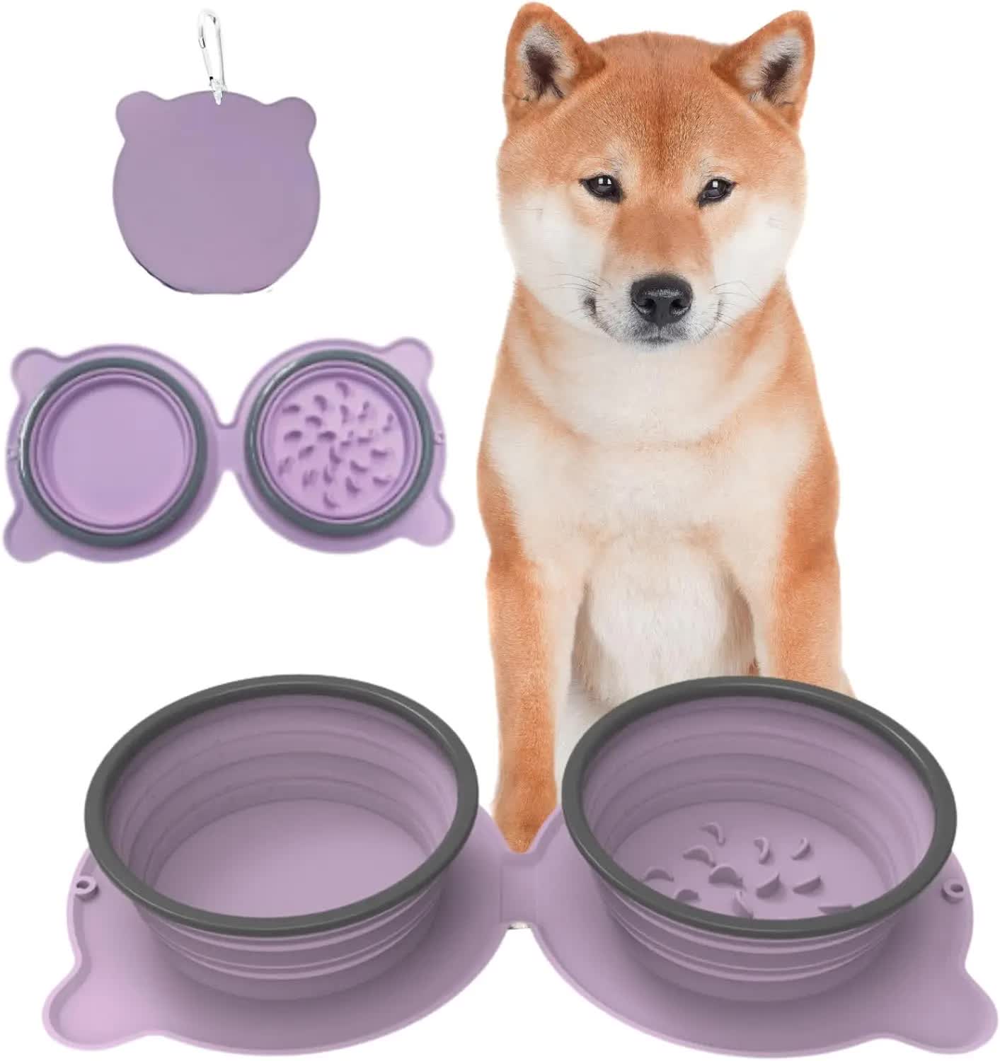 V888-ELOSUNG21870-202503131512-00 Purple Portable Collapsible Pet Bowl Set - Food-Grade Silicone Double Bowl for Dogs & Cats, Anti-Slip & Easy to Clean - Image 1