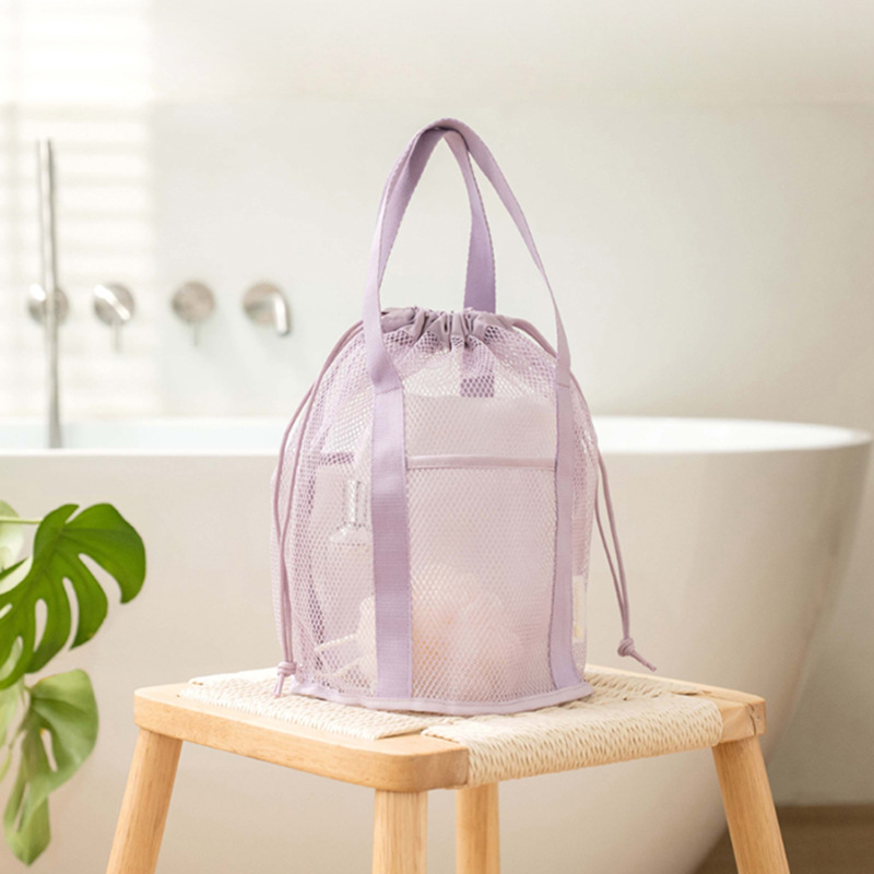 V888-ELOSUNG21923-202503141126-00 Purple Lightweight Mesh Drawstring Beach Bag - Portable Travel Organizer for Toiletries and Essentials - Image 1