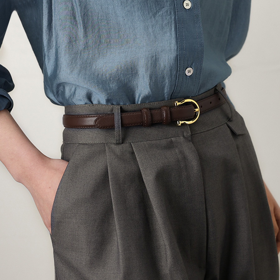 V888-ELOSUNG21942-202503141205-00 100CM Coffee Elegant French Gold Buckle Genuine Leather Belt - Luxurious Lightweight Women's Waist Belt - Image 1