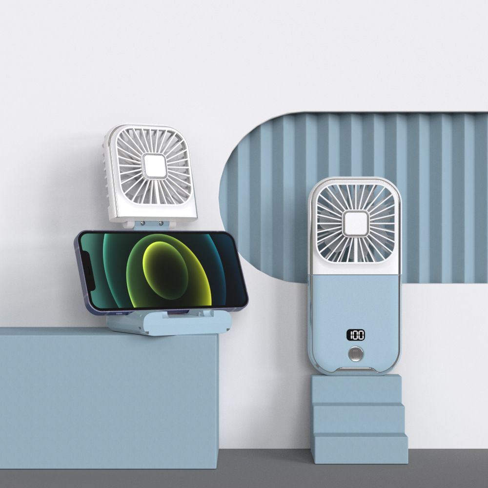 V888-ELOSUNG22030-202503141125-00 White and blue combination Portable Handheld Fan with Neck Strap & Phone Stand - Image 1