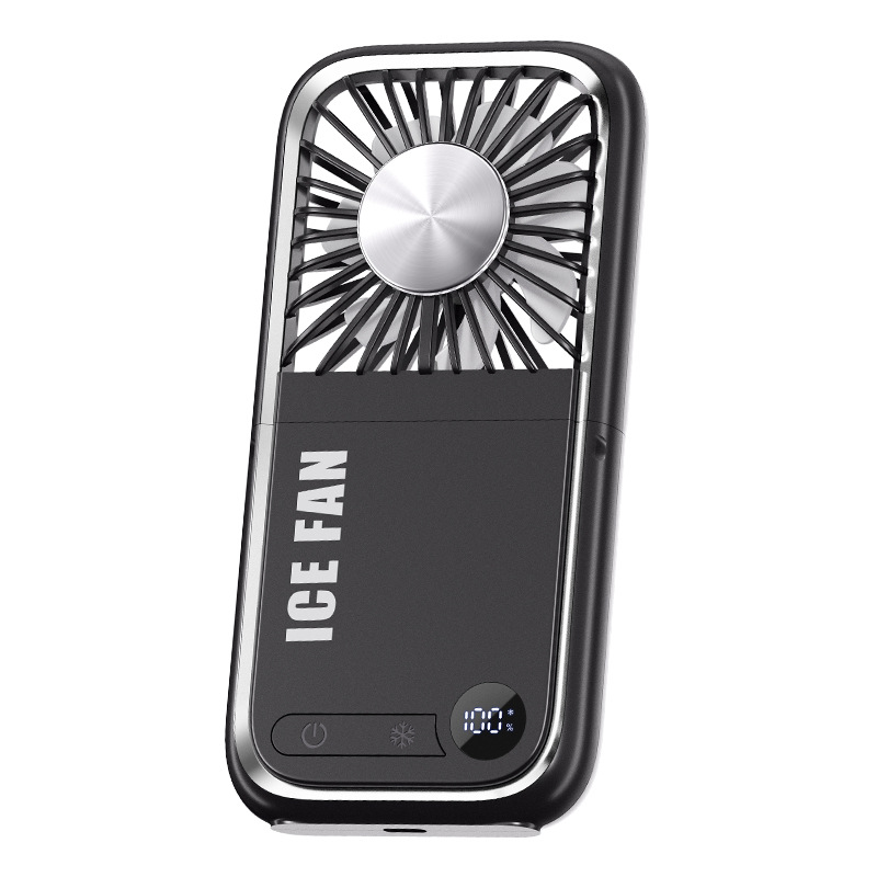 V888-ELOSUNG22035-202503141125-00 Black Portable Cooling Fan with Neck Lanyard & Phone Stand - USB Rechargeable - Image 1