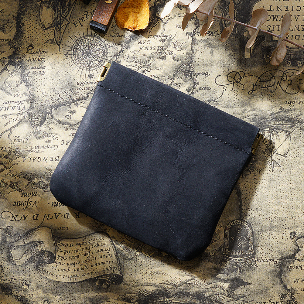 V888-ELOSUNG22164-202503181844-00 Black Genuine Leather Coin Purse - Vintage Style Snap Closure Mini Pouch - Image 1
