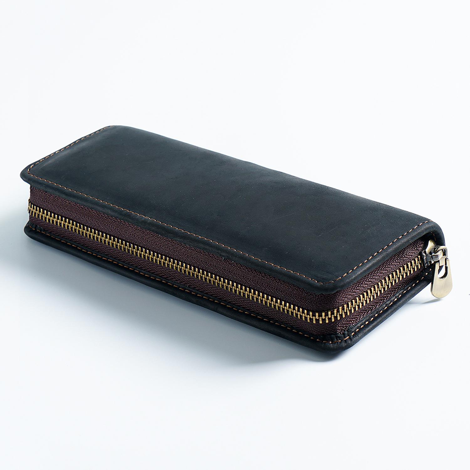 V888-ELOSUNG22176-202503181105-00 Black Genuine Leather Pencil Case - Vintage Zip-Up Pen Holder with Elastic Loops - Image 1