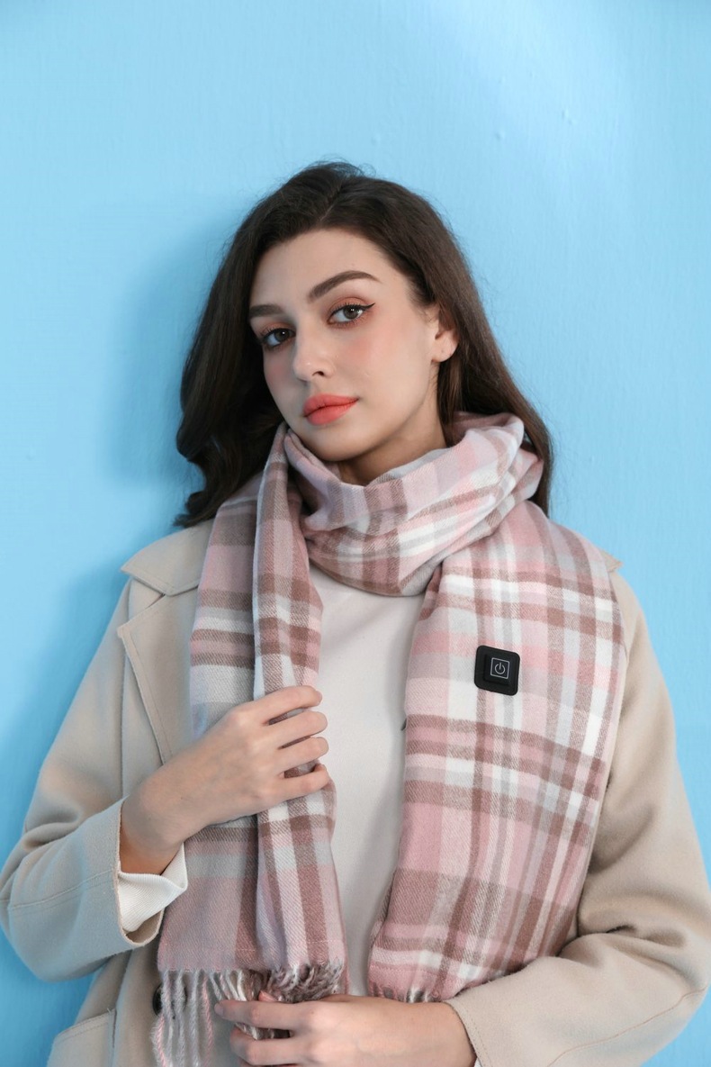 V888-ELOSUNG22234-202503211747-00 Light Pink Plaid Heated Scarf - Electric Warming Scarf, Winter Outdoor Essential (Without power bank) - Image 1