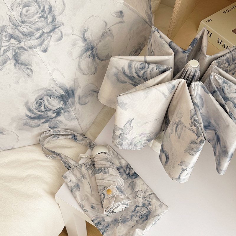 V888-ELOSUNG22299-202503211642-00 Haze Blue Flowers Mini 5-Fold Umbrella - Portable, Anti-UV, Black Glue Coating - Image 1