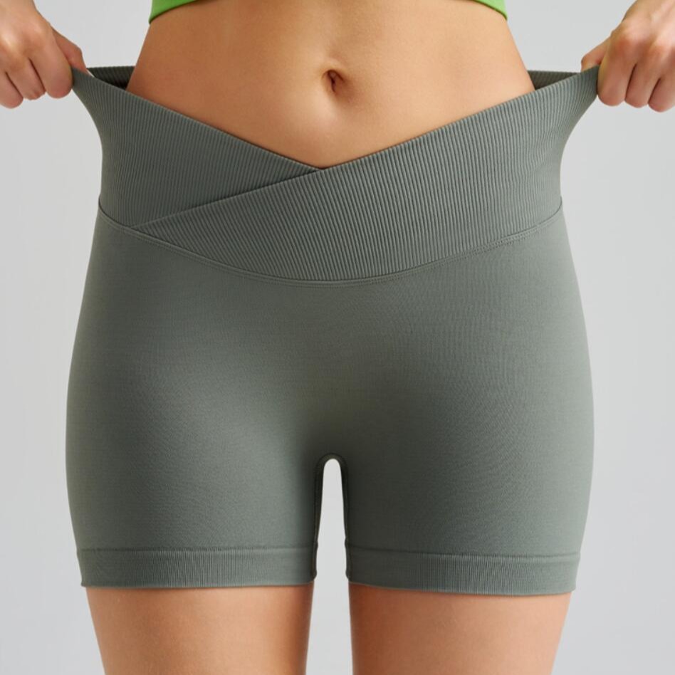 V888-ELOSUNG22330-202503211805-00 Grass Green Gray Yoga Shorts - Seamless, High Waist, Tummy Control Size M - Image 1