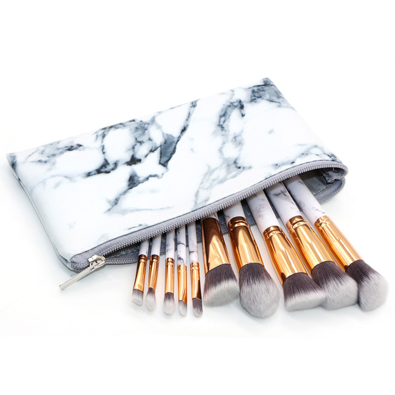 V888-ELOSUNG22344-202503211820-00 (Bag + Brush) White Marble Makeup Brush Collection - 10 brushes for face, eyes and lips - Image 1