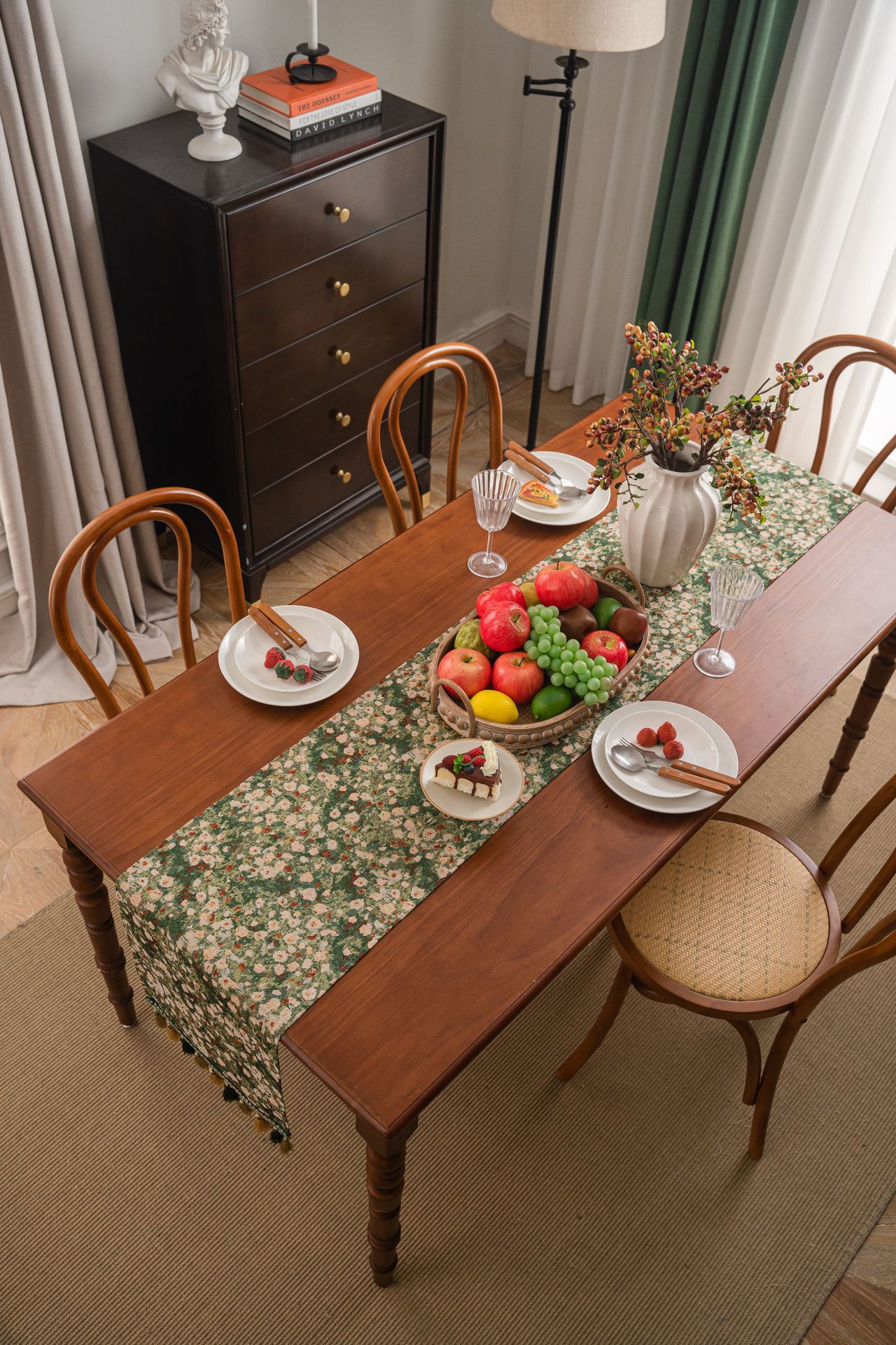 V888-ELOSUNG22363-202503251936-00 Floral Table Runner with Tassels - Jacquard Green Farmhouse Style (33x300cm) - Image 1