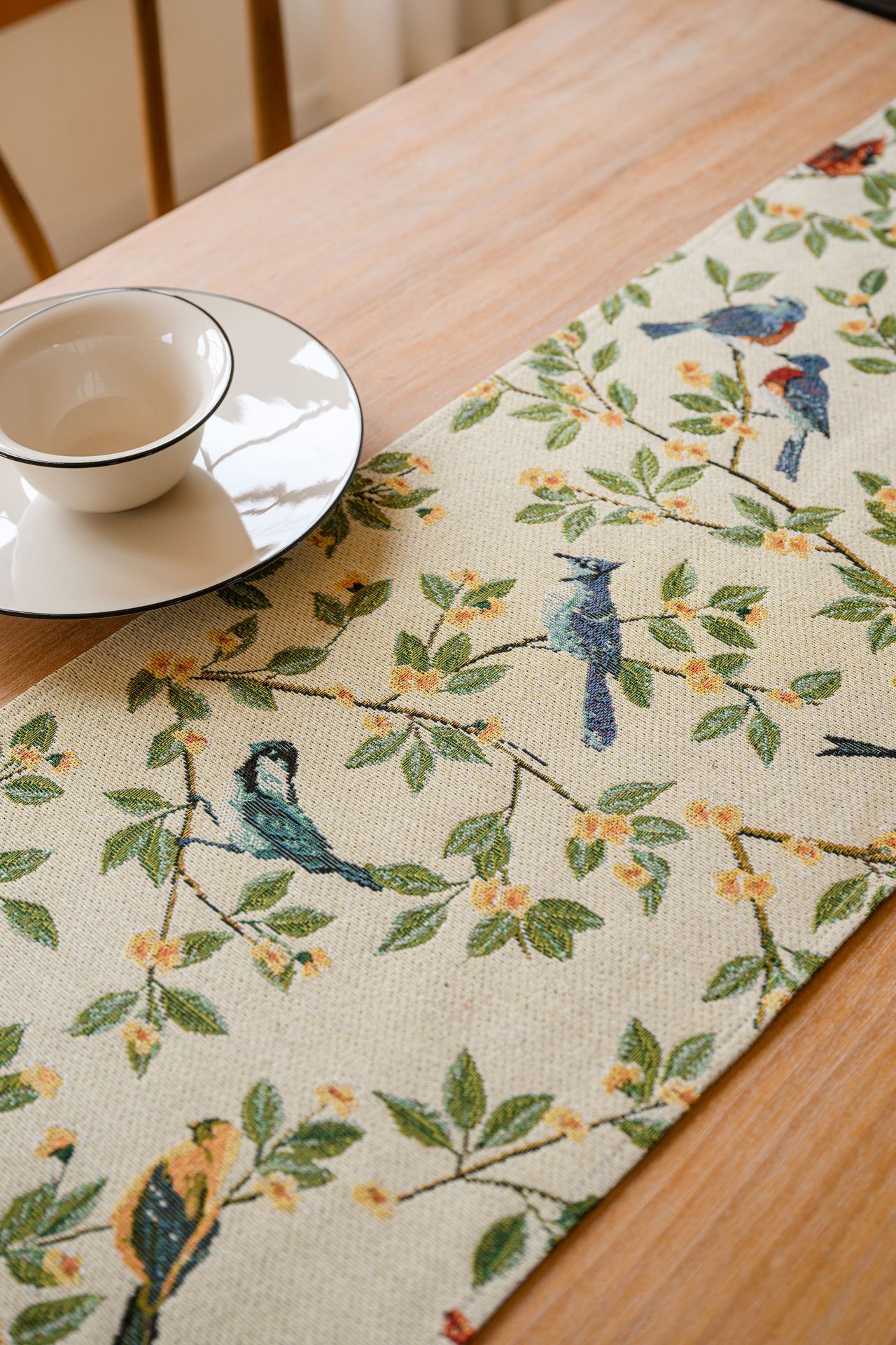 V888-ELOSUNG22376-202503251943-00 Birds & Branch Table Runner - Jacquard Woven Beige with Tassels(33X400CM) - Image 1