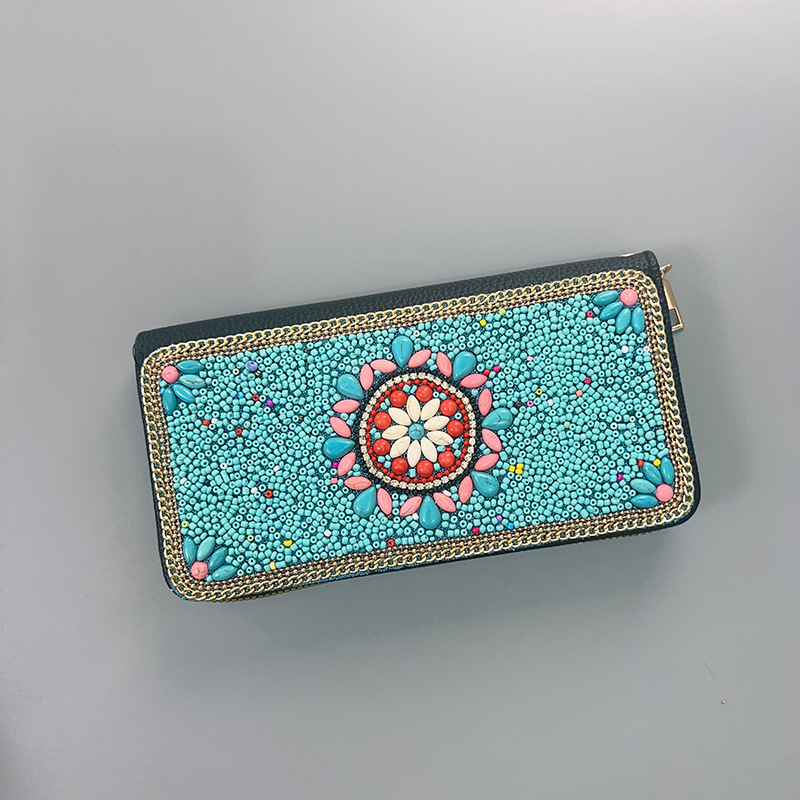 V888-ELOSUNG22465-202503251651-00 Blue Flowers Ethnic Style Beaded Clutch - Handmade Retro Wallet Style 10 - Image 1