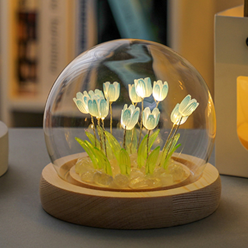 V888-ELOSUNG22482-202503251842-00 (Ten Blue Tulips) Glowing Tulip Dome Lamp - Wooden Base, Bedside Table Decoration - Image 1