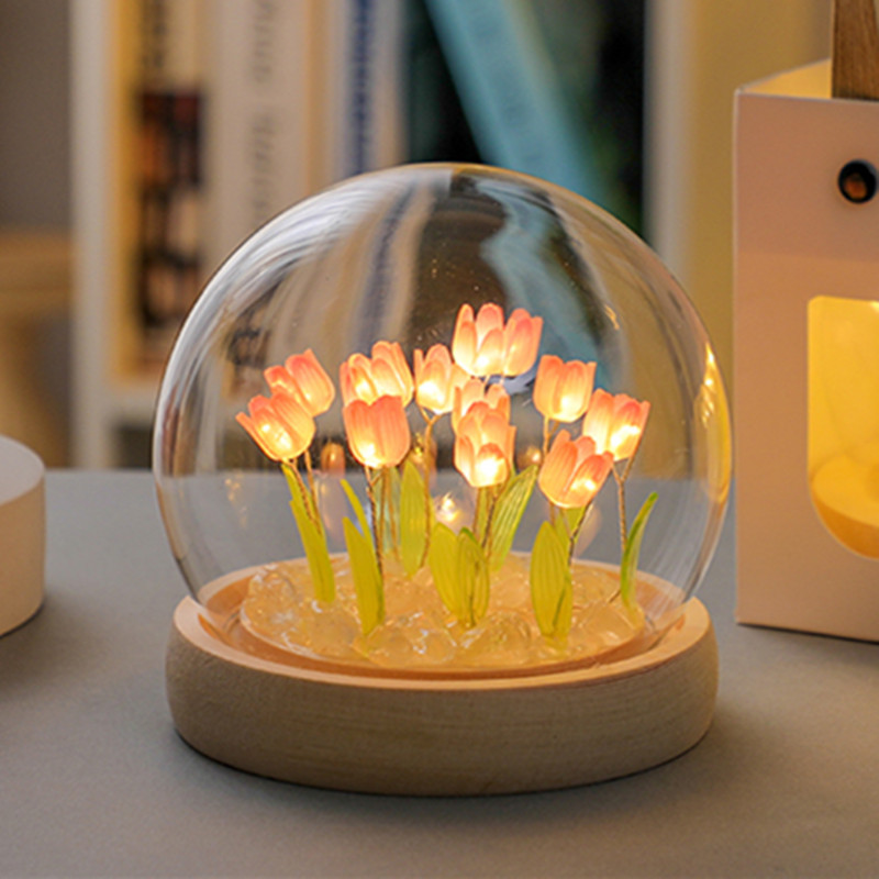 V888-ELOSUNG22513-202503271133-00 (Sixteen Pink Tulips) Glowing Tulip Dome Lamp - Wooden Base, Bedside Table Decoration - Image 1
