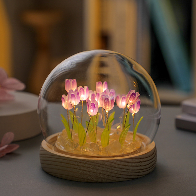 V888-ELOSUNG22516-202503281446-00 (Twenty Purple Tulips) Glowing Tulip Dome Lamp - Wooden Base, Bedside Table Decoration - Image 1