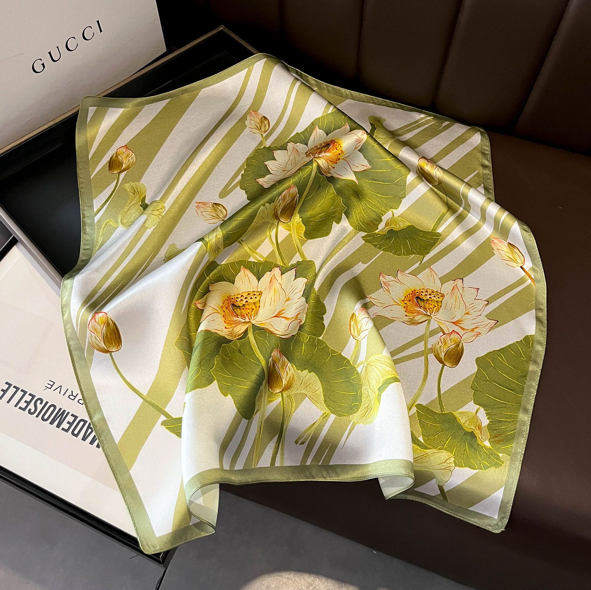 V888-ELOSUNG22599-202503282017-00 Green Lotus 53cm Silk Scarf - 100% Mulberry Silk, Floral Print, Women's Square Scarf Shawl (Style 1) - Image 1