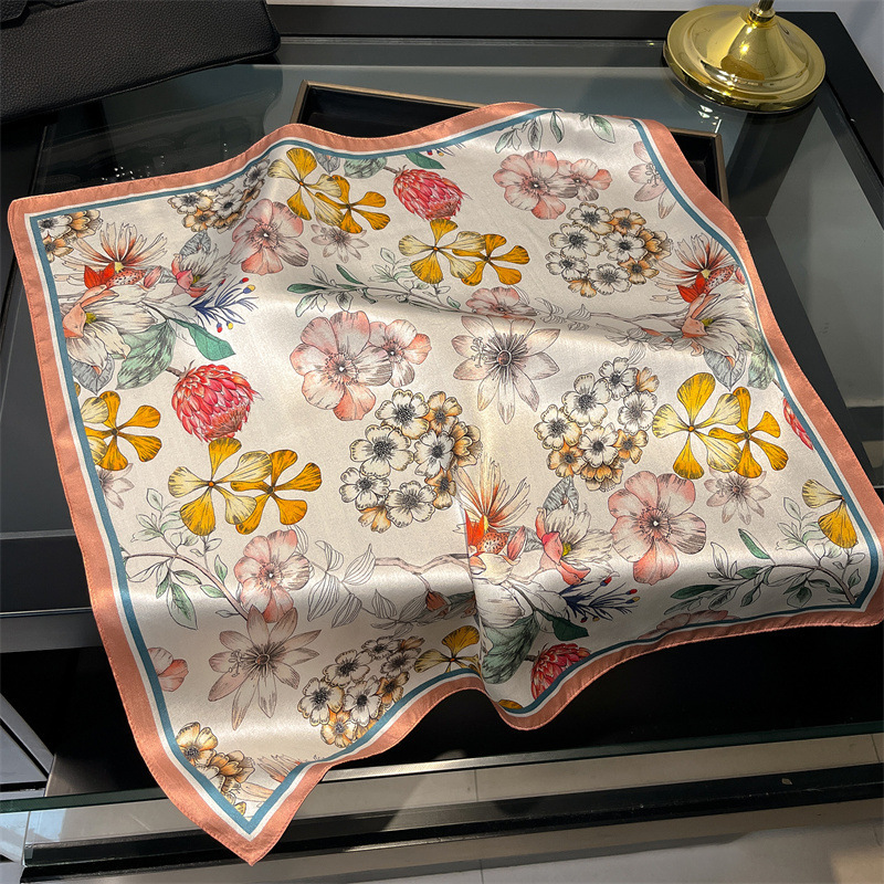 V888-ELOSUNG22604-202503282020-00 Orange 53cm Silk Scarf - 100% Mulberry Silk, Floral Print, Women's Square Scarf Shawl (Style 6) - Image 1