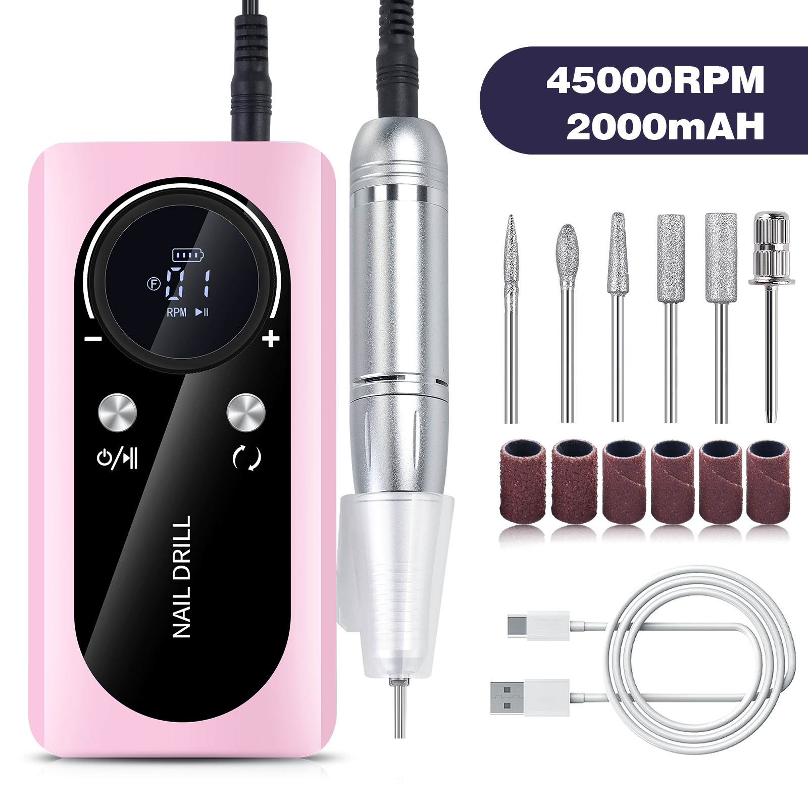V888-ELOSUNG22692-202504011226-00 Pink Professional 45000RPM Rechargeable Nail Drill - Portable Electric Nail File for Manicure & Pedicure - Image 1