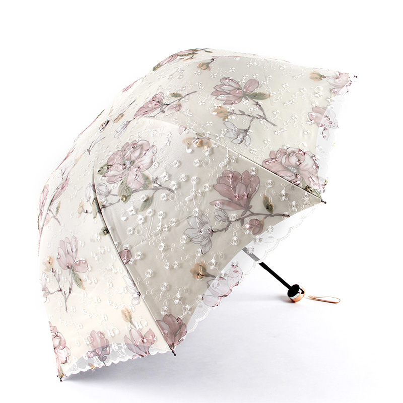 V888-ELOSUNG22730-202504011212-00 Apricot yellow Elegant Lace Parasol - UV Protection, Sun & Rain Umbrella, Tri-Fold Design - Image 1