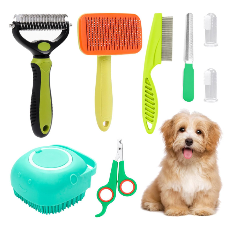 V888-ELOSUNG22761-202504011232-00 Green 8-Piece Pet Grooming Tool Set - Brushes, Nail Clippers & More - Image 1