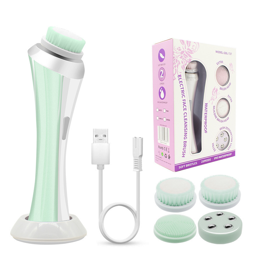 V888-ELOSUNG22780-202504031707-00 Green Rechargeable Facial Cleansing Brush Kit with 4 Heads & Charging Dock - Image 1