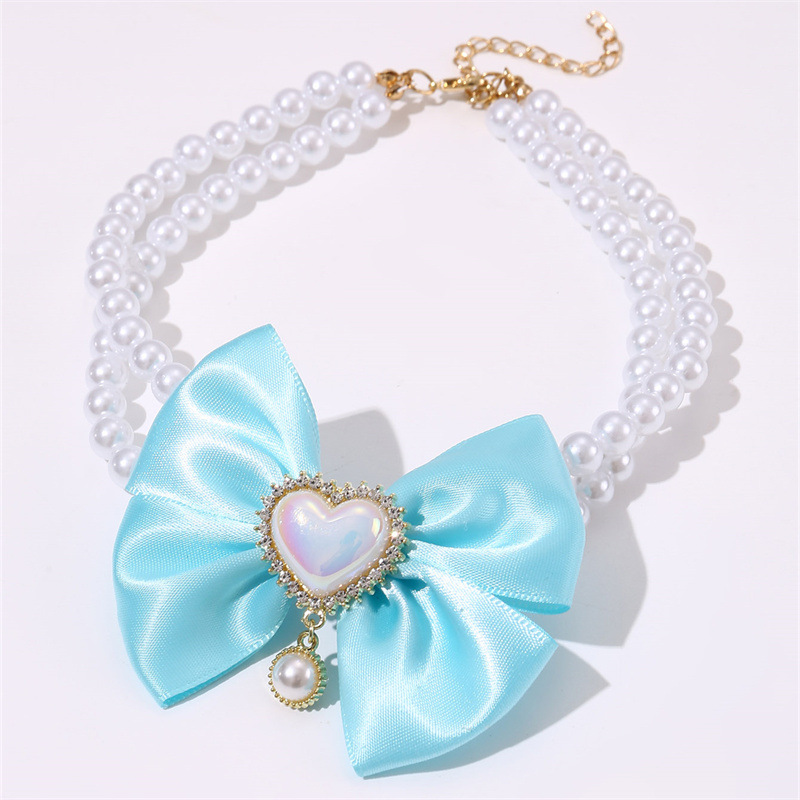 V888-ELOSUNG22828-202504141341-00 2 - PCS Cute Pet Pearl Necklace Collar with Blue Bow and Heart Charm - Size M - Image 1