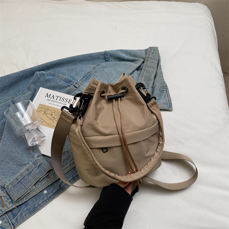 V888-ELOSUNG22952-202504141610-00 Khaki Casual Nylon Drawstring Bucket Bag - Adjustable Strap Crossbody Purse - Image 1