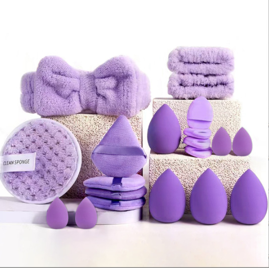 V888-ELOSUNG23136-202503211820-00 3 * Purple 20 Sets Makeup Sponge Set - Flannel Headband, Crystal Velvet Puffs, Non-Latex Beauty Blenders for Flawless Application - Image 1